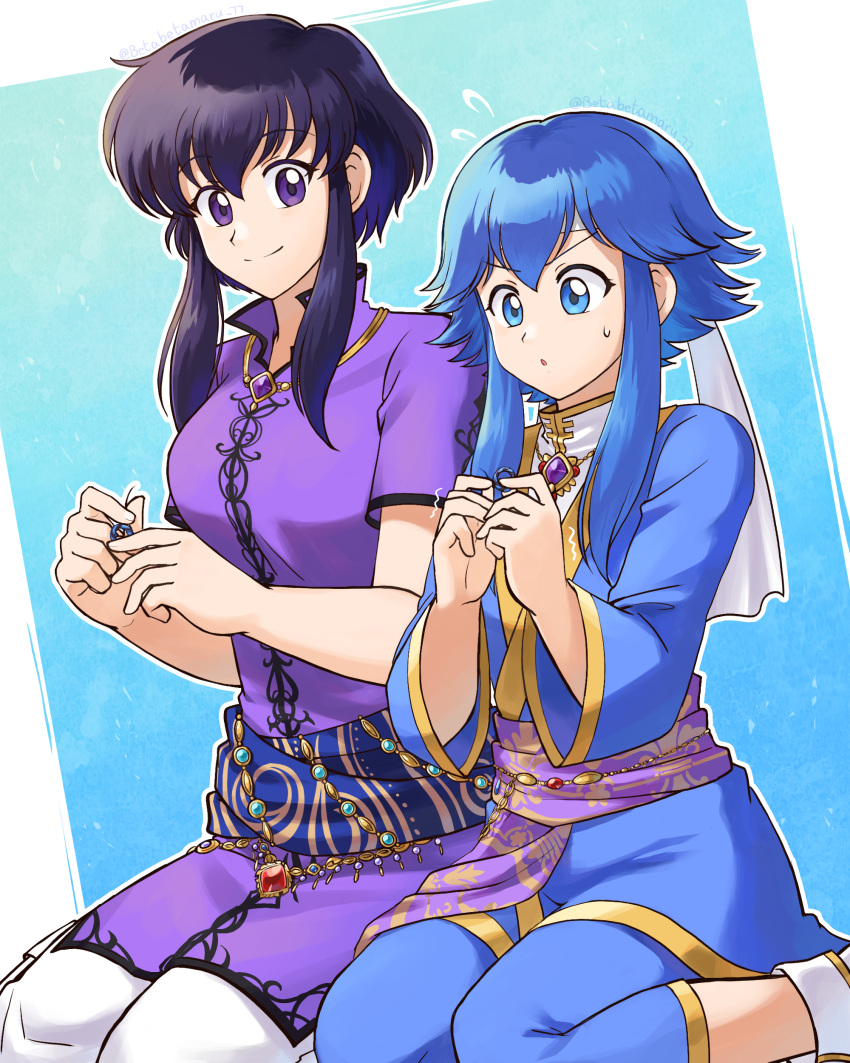 2girls absurdres aged_up betabetamaru black_hair blue_eyes blue_hair blue_pants commentary_request commission fire_emblem fire_emblem:_genealogy_of_the_holy_war flying_sweatdrops gold_trim hair_between_eyes headband highres if_they_mated jewelry larcei_(fire_emblem) long_sleeves looking_at_another mother_and_daughter multiple_girls necklace pants purple_eyes purple_shirt sash seiza shirt short_hair short_hair_with_long_locks short_sleeves sidelocks sitting skeb_commission smile sweatdrop white_headband white_pants