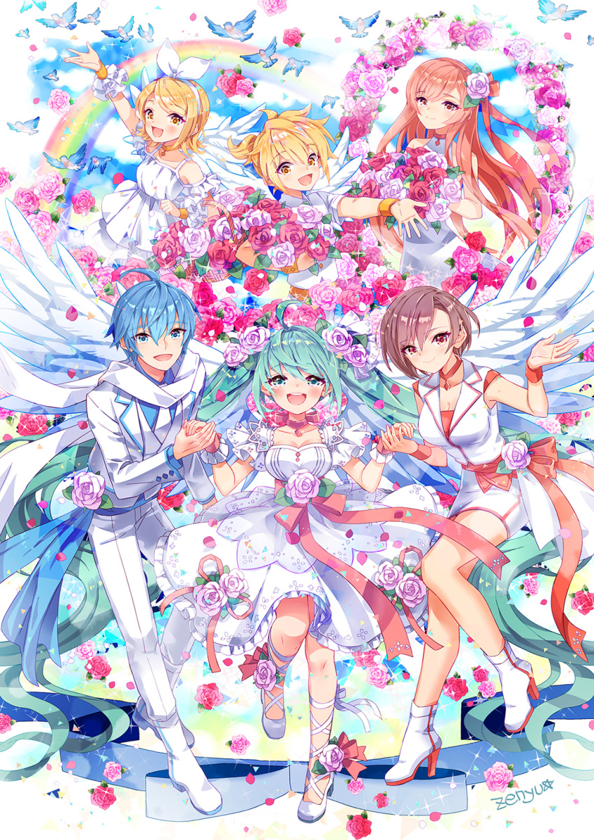 2boys 4girls aqua_eyes aqua_hair bird blonde_hair blue_bird blue_eyes blue_hair blue_sky blush boots breasts brother_and_sister brown_hair cleavage cloud dress flower full_body hair_flower hair_ornament hairclip hatsune_miku high_heel_boots high_heels highres jacket kagamine_len kagamine_rin kaito_(vocaloid) long_hair looking_at_viewer megurine_luka meiko_(vocaloid) multiple_boys multiple_girls pants pink_flower pink_hair rainbow red_flower red_rose rose scarf short_hair short_ponytail siblings sky twins twintails very_long_hair vocaloid white_dress white_footwear white_jacket white_pants white_scarf yellow_eyes zenyu