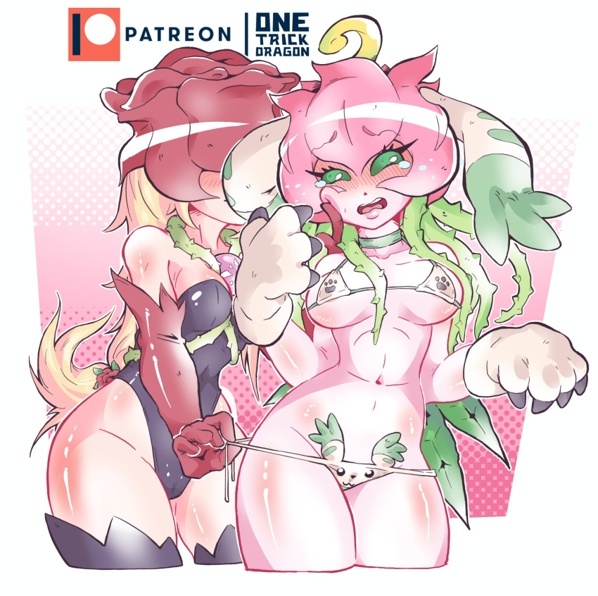 2girls animal_hands artist_name bikini black_leotard blush cape covered_eyes digimon digimon_(creature) elbow_gloves fairy flower gloves hair_vines highres leotard lilimon mask meme monster_girl multiple_girls navel onetrickdragon open_mouth patreon_logo patreon_username paw_gloves petals plant_girl red_gloves rosemon swimsuit twitter_strip_game_(meme)