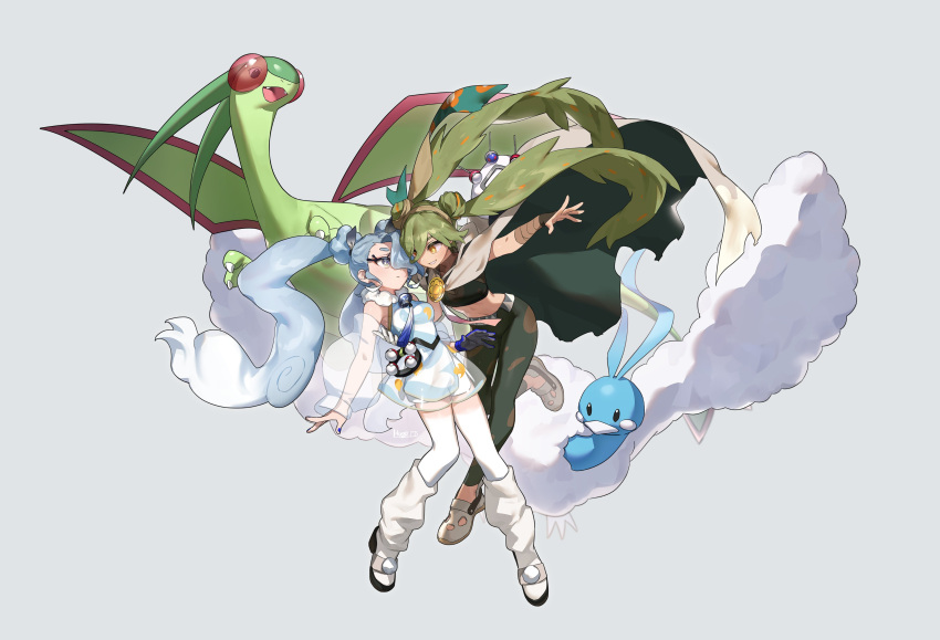 2girls absurdres altaria blue_hair breasts cape double_bun dress dual_persona flygon flying_miku_(project_voltage) full_body gloves gradient_hair great_ball green_hair grey_background grey_hair ground_miku_(project_voltage) hair_between_eyes hair_bun hair_over_one_eye hatsune_miku highres leg_warmers long_hair medium_breasts multicolored_hair multiple_girls nail_polish orange_eyes orange_hair pants poke_ball poke_ball_(basic) pokemon pokemon_(creature) pokemon_(game) project_voltage shoes simple_background single_glove tissue0330 torn_cape torn_clothes twintails vocaloid white_hair