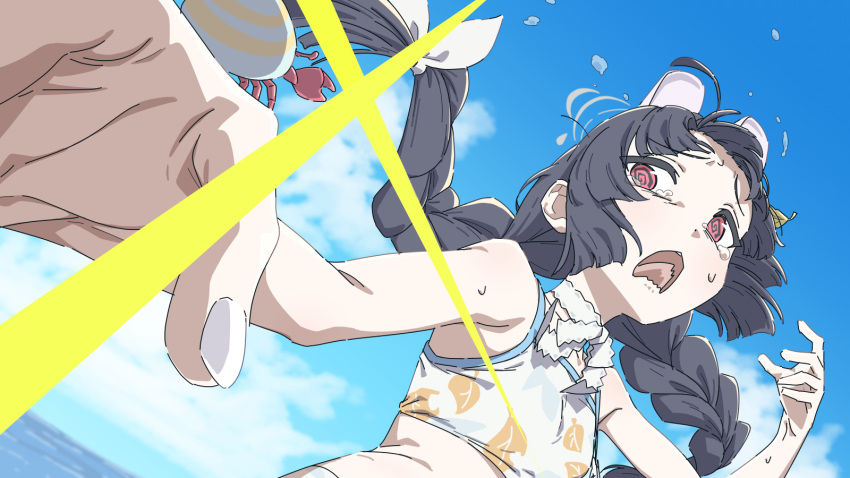 1girl :o @_@ ahoge animal_ears armpits bikini black_hair blue_archive blue_sky blunt_bangs braid brilliantko cloud cloudy_sky commentary_request crying crying_with_eyes_open fake_animal_ears halo hermit_crab highres horizon long_hair looking_at_viewer low_twin_braids low_twintails midriff miyu_(blue_archive) miyu_(swimsuit)_(blue_archive) neck_ribbon nervous_sweating ocean official_alternate_costume official_alternate_hairstyle outdoors outstretched_arm print_bikini rabbit_ears red_eyes ribbon scared sidelocks sky sleeveless surprised sweat swimsuit tearing_up tears twin_braids twintails white_bikini