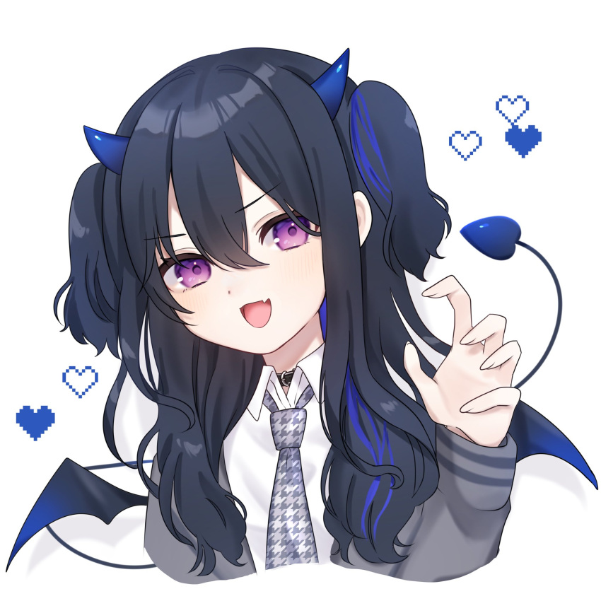 1girl :d black_collar black_hair blue_hair blue_horns blue_tail blue_wings claw_pose collar demon_girl demon_horns demon_tail demon_wings dress_shirt fang grey_jacket grey_necktie hair_between_eyes heart highres horns houndstooth ichinose_uruha jacket long_hair long_sleeves looking_at_viewer mini_wings multicolored_hair necktie official_alternate_costume purple_eyes school_uniform shirt simple_background skin_fang smile solo streaked_hair tail two_side_up upper_body v-shaped_eyebrows virtual_youtuber vspo! white_background white_shirt wing_collar wings zawanaka1120