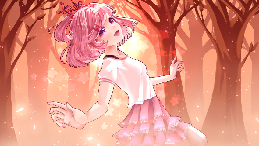 1girl :d absurdres breasts doki_doki_literature_club fang foreshortening forest frilled_skirt frills from_side hair_ornament hair_ribbon highres looking_at_viewer looking_to_the_side natsuki_(doki_doki_literature_club) nature open_mouth outdoors outstretched_arms pink_eyes pink_hair pink_skirt red_ribbon ribbon shirt short_hair short_sleeves skipping skirt small_breasts smile solo star_(symbol) sunset sushimassacre swept_bangs tree two_side_up white_shirt x_hair_ornament