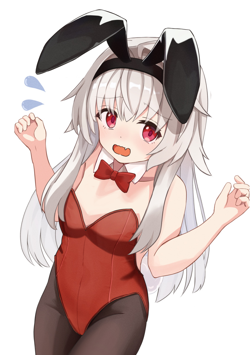 1girl absurdres animal_ears arms_at_sides breasts clara_(honkai:_star_rail) collarbone commentary_request elumina1213 fake_animal_ears grey_hair groin hair_between_eyes headband highres honkai:_star_rail honkai_(series) looking_at_viewer open_mouth pantyhose playboy_bunny red_eyes ribbon simple_background small_breasts white_background