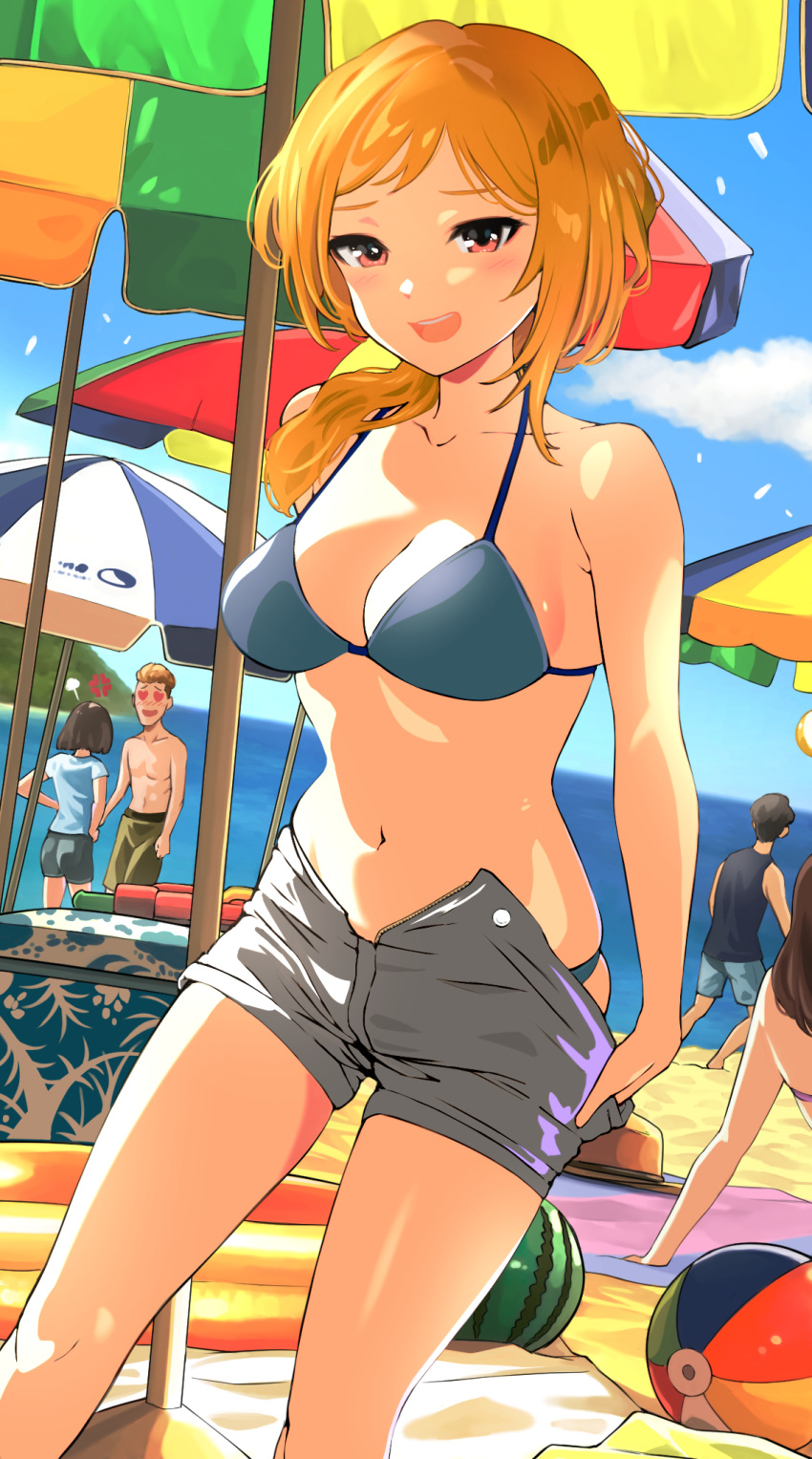 1girl beach bikini bikini_under_shorts blonde_hair blue_bikini blush breasts cleavage collarbone feet_out_of_frame grey_shorts hair_over_shoulder hanamasa_ono heart heart-shaped_pupils highres idolmaster idolmaster_million_live! looking_at_another looking_at_viewer mat momose_rio navel outdoors parasol people shorts smile solo_focus swimsuit symbol-shaped_pupils umbrella undressing