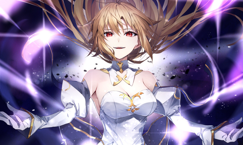 1girl arcueid_brunestud bare_shoulders blonde_hair blush breasts detached_sleeves dress gloves herigaru_(fvgyvr000) highres large_breasts long_hair long_sleeves looking_at_viewer medium_breasts red_eyes solo tsukihime