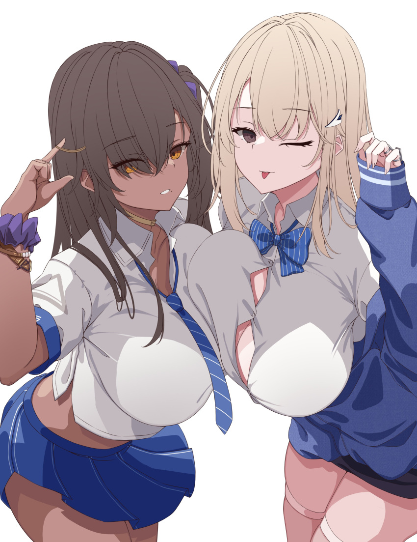 2girls :p absurdres bead_bracelet beads blonde_hair blue_bow blue_bowtie blue_jacket blue_necktie blue_skirt blunt_bangs bow bowtie bracelet breasts brown_eyes brown_hair cleavage collared_shirt cropped_shirt dark-skinned_female dark_skin goddess_of_victory:_nikke grin hair_ornament hair_over_one_eye highres jacket jewelry large_breasts long_hair looking_at_viewer loose_necktie multiple_girls multiple_rings naga_(nikke) necktie off_shoulder oimo_imoya one_eye_closed partially_unbuttoned pencil_skirt pleated_skirt puffy_sleeves ring scrunchie shirt short_sleeves side_ponytail simple_background skirt sleeves_past_wrists smile striped_necktie tia_(nikke) tongue tongue_out unfinished white_background white_shirt wrist_scrunchie