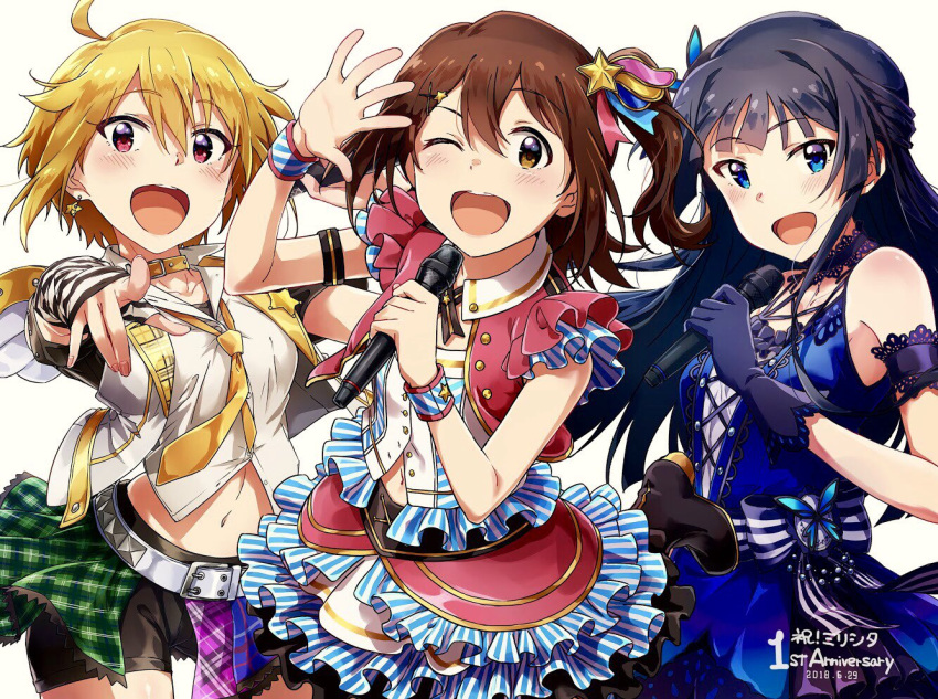 3girls :d ahoge anniversary arm_up ayano_yuu_(sonma_1426) bare_shoulders belt belt_collar black_armband black_hair black_shorts blonde_hair blue_dress blue_eyes blue_wristband blush breasts brown_eyes brown_hair butterfly_hair_ornament choker collar collarbone cropped_jacket dated dot_nose dress earrings english_text frilled_dress frilled_sleeves frills gloves hair_between_eyes hair_ornament hairclip hand_up holding holding_microphone ibuki_tsubasa idolmaster idolmaster_million_live! idolmaster_million_live!_theater_days jacket jewelry kasuga_mirai lace-trimmed_choker lace_trim large_breasts long_hair looking_at_viewer medium_breasts microphone midriff midriff_peek mogami_shizuka multicolored_clothes multiple_girls navel necktie one_eye_closed one_side_up open_clothes open_hand open_jacket open_mouth overskirt plaid plaid_skirt pointing pointing_at_viewer purple_armband purple_choker purple_gloves red_eyes red_jacket shirt short_hair short_sleeves shorts skirt sleeveless sleeveless_dress smile standing standing_on_one_leg star_(symbol) star_earrings star_hair_ornament strawberry_pop_moon_(idolmaster) striped striped_dress striped_sash striped_wristband teeth upper_teeth_only white_belt white_jacket white_shirt yellow_belt yellow_necktie