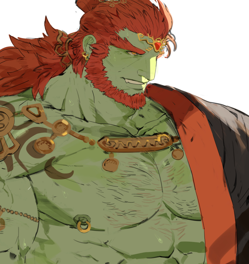 1boy armlet bara bare_pectorals beard chest_hair colored_skin facial_hair fang ganondorf gold gomihebi green_skin hadanugi_dousa highres huge_eyebrows large_pectorals long_hair looking_to_the_side male_focus mature_male muscular muscular_male nipple_piercing nipple_rings nipples official_alternate_costume open_clothes orange_hair pectorals piercing smirk solo tattoo the_legend_of_zelda the_legend_of_zelda:_tears_of_the_kingdom thick_eyebrows upper_body