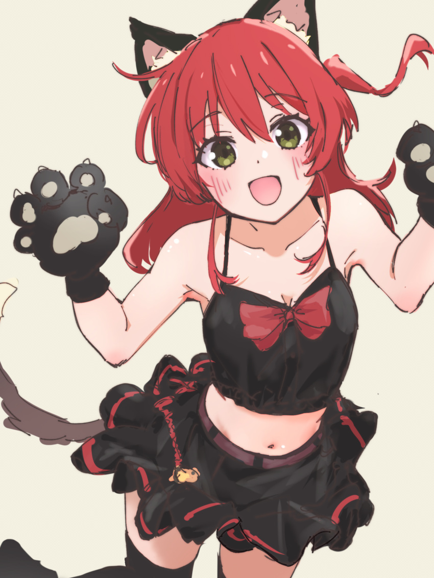 1girl absurdres animal_ears animal_hands black_camisole black_skirt black_thighhighs blush bocchi_the_rock! bow bow_camisole camisole cat_ears cat_tail collarbone commentary dot_nose feet_out_of_frame gloves green_eyes hair_between_eyes halloween_costume hands_up highres kita_ikuyo light_brown_background looking_at_viewer medium_hair midriff navel one_side_up open_mouth paw_gloves paw_pose red_bow red_hair simple_background skirt smile tail thighhighs ukitaryu