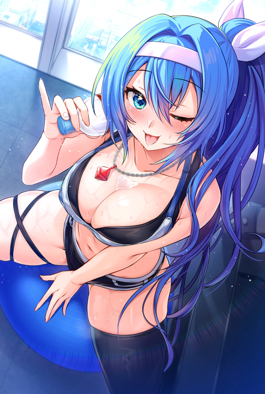 1girl absurdres alyssa_(specktech) ball blue_eyes blue_hair blush bottle breasts cleavage commission exercise_ball feet_out_of_frame hairband highres holding holding_bottle indoors jewelry large_breasts long_hair necklace one_eye_closed open_mouth original ponytail single_thighhigh sitting_on_ball skeb_commission skindentation solo sports_bra spread_legs symbol-shaped_pupils thigh_strap thighhighs wada_chiyon water_bottle
