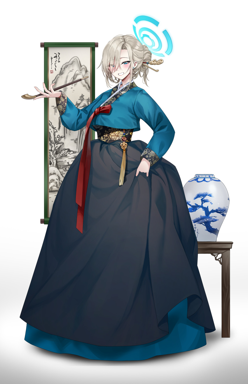1girl absurdres alternate_costume aqua_shirt asuna_(blue_archive) blue_archive full_body halo hanbok hanging_scroll highres holding holding_smoking_pipe ink_wash_painting korean_clothes light_brown_hair long_skirt painting_(object) picter porcelain scroll shirt simple_background skirt skirt_hold smoking_pipe solo white_background