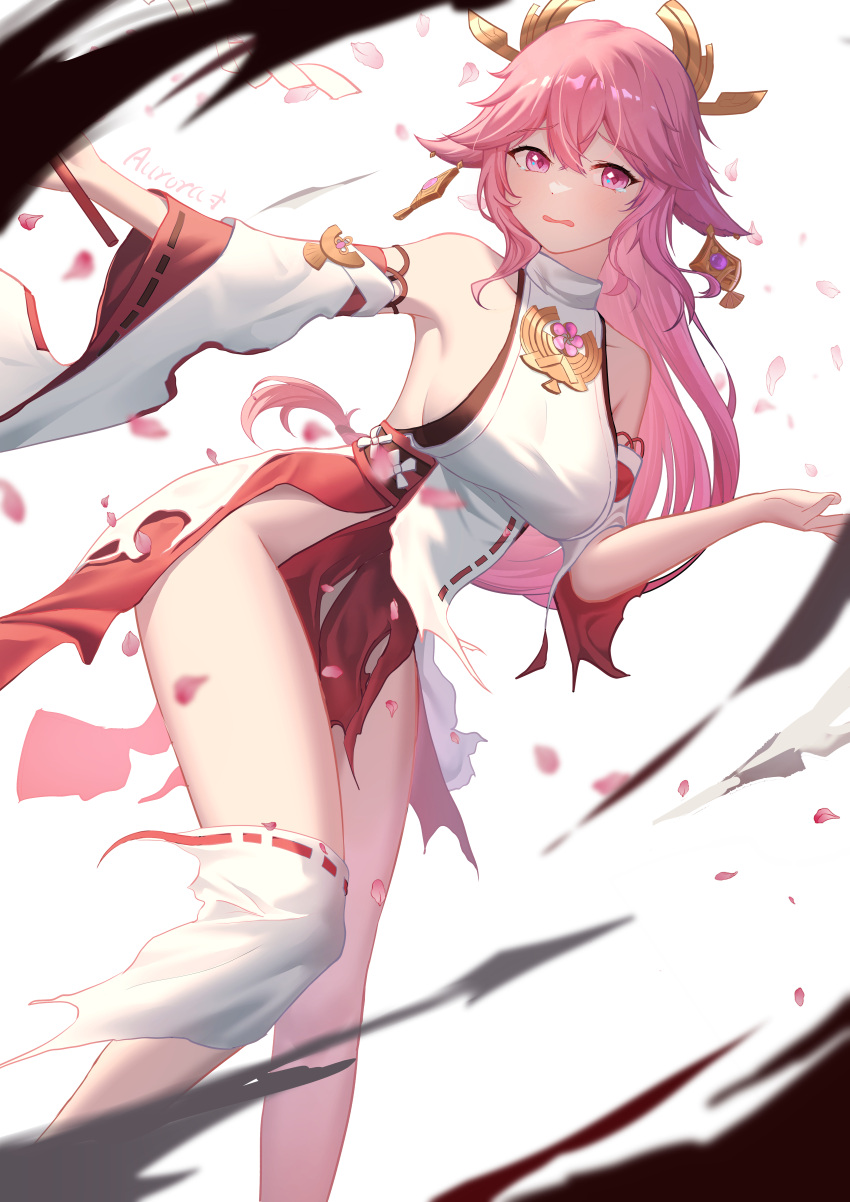 1girl absurdres animal_ears bare_legs bare_shoulders breasts commentary_request detached_sleeves feet_out_of_frame fox_ears genshin_impact gohei hair_between_eyes highres hnbsgy large_breasts long_hair long_sleeves looking_at_viewer open_mouth pink_hair purple_eyes red_skirt shirt simple_background skirt sleeveless sleeveless_shirt solo tears thighs torn_clothes torn_skirt very_long_hair white_background white_shirt yae_miko