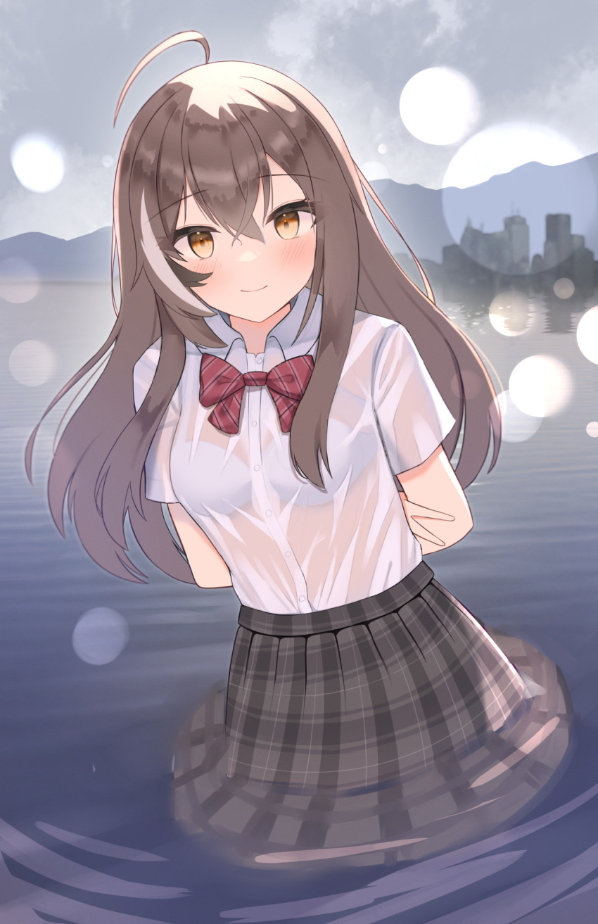 1girl ahoge alternate_costume arms_behind_back blurry bokeh bra brown_eyes brown_hair brown_skirt cityscape collared_shirt crossed_bangs depth_of_field dress_shirt highres hololive hololive_english in_water kawaiipony2 long_hair looking_at_viewer multicolored_hair nanashi_mumei plaid plaid_skirt ribbon school_uniform see-through shirt skirt smile solo streaked_hair underwear very_long_hair virtual_youtuber water wet wet_clothes wet_shirt wet_skirt white_bra white_shirt
