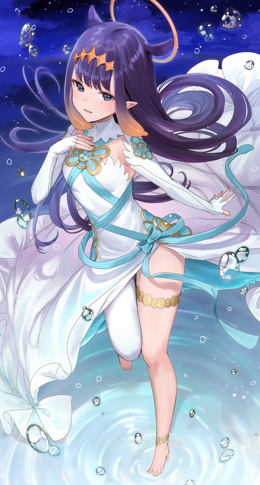 1girl alternate_costume azura_(fire_emblem) azura_(fire_emblem)_(cosplay) barefoot blue_ribbon commission cosplay detached_sleeves dress fingerless_gloves fire_emblem fire_emblem_fates foreshortening gloves hand_on_own_chest haru_(nakajou-28) highres hololive hololive_english night ninomae_ina'nis pointy_ears purple_hair ribbon single_thighhigh skeb_commission solo standing standing_on_liquid tentacle_hair thigh_strap thighhighs water_drop white_dress white_gloves white_thighhighs