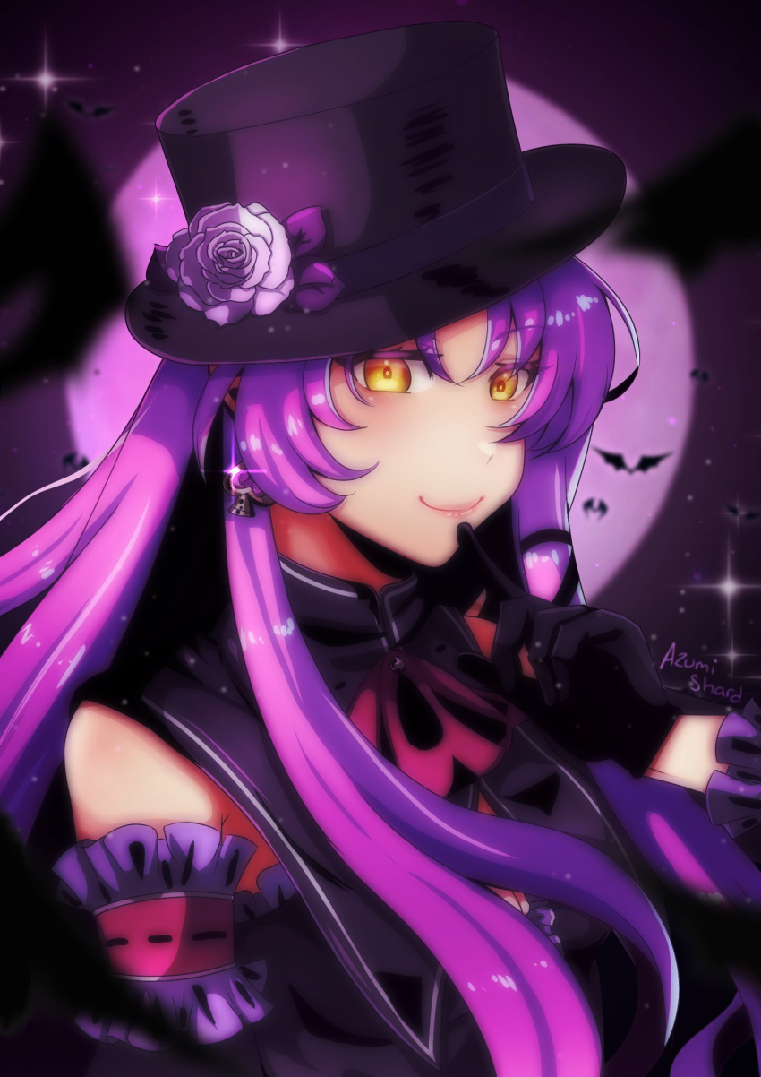 1girl azumishard bat_(animal) dress earrings eiyuu_densetsu flower full_moon gloves hat hat_flower highres jewelry kuro_no_kiseki looking_at_viewer moon portrait purple_hair sidelocks smile solo top_hat yellow_eyes