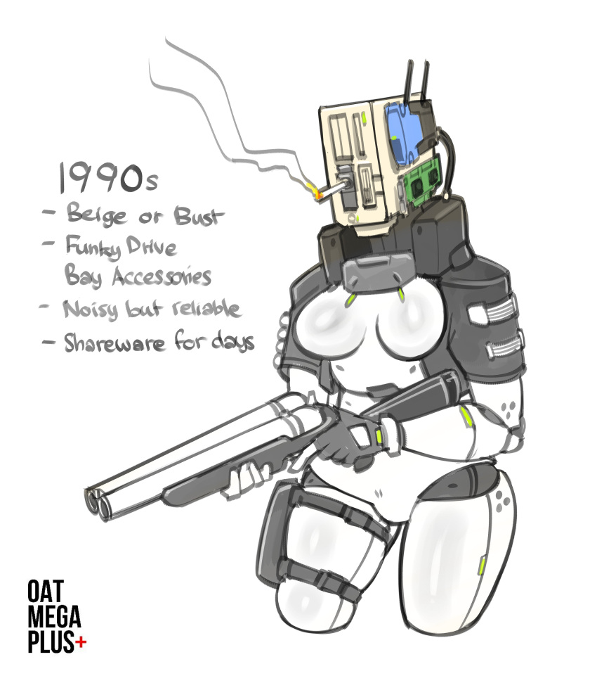 2020 absurd_res android breasts cigarette circuit_board colored digital_drawing_(artwork) digital_media_(artwork) double_barrel_shotgun english_text featureless_breasts featureless_crotch female for_a_head hi_res holding_object holding_weapon humanoid living_machine machine oatmegaplus processor ranged_weapon robot router smoke solo standing text weapon wide_hips