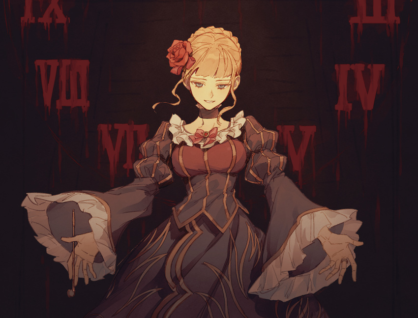 1girl aluce beatrice_(umineko) blonde_hair blood blood_splatter blue_eyes bow braid braided_bun brown_dress choker clock dress flower frilled_choker frills hair_bun highres jewelry juliet_sleeves kiseru long_sleeves pink_bow puffy_sleeves ring rose smoking_pipe solo striped umineko_no_naku_koro_ni vertical_stripes