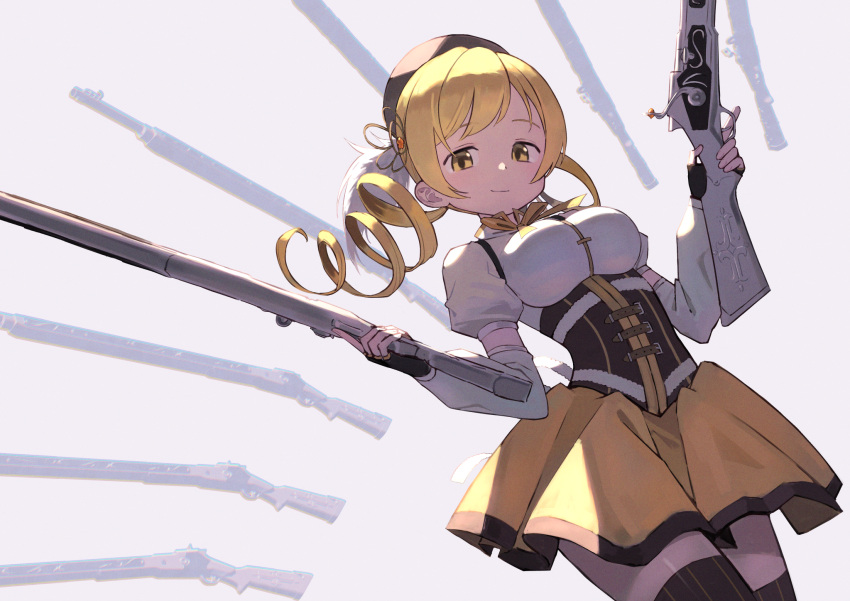 1girl black_thighhighs blonde_hair breasts brown_corset brown_headwear closed_mouth corset cowboy_shot drill_hair floating floating_object floating_weapon from_below gun hair_ornament hands_up highres holding holding_gun holding_weapon juliet_sleeves large_breasts light_smile long_sleeves looking_at_viewer looking_down magical_girl mahou_shoujo_madoka_magica mahou_shoujo_madoka_magica_(anime) miniskirt multiple_weapons puffy_sleeves shimizu_tomoki shirt shotgun simple_background skirt solo soul_gem thighhighs tomoe_mami twin_drills weapon white_background white_shirt yellow_eyes yellow_skirt yellow_trim