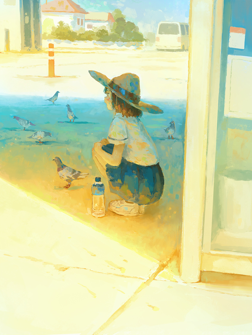 1girl animal bird blue_skirt bottle brown_hair brown_headwear car day fjsmu hat highres motor_vehicle open_mouth original outdoors pigeon pleated_skirt scenery shirt shoes short_hair short_sleeves skirt solo squatting white_footwear white_shirt