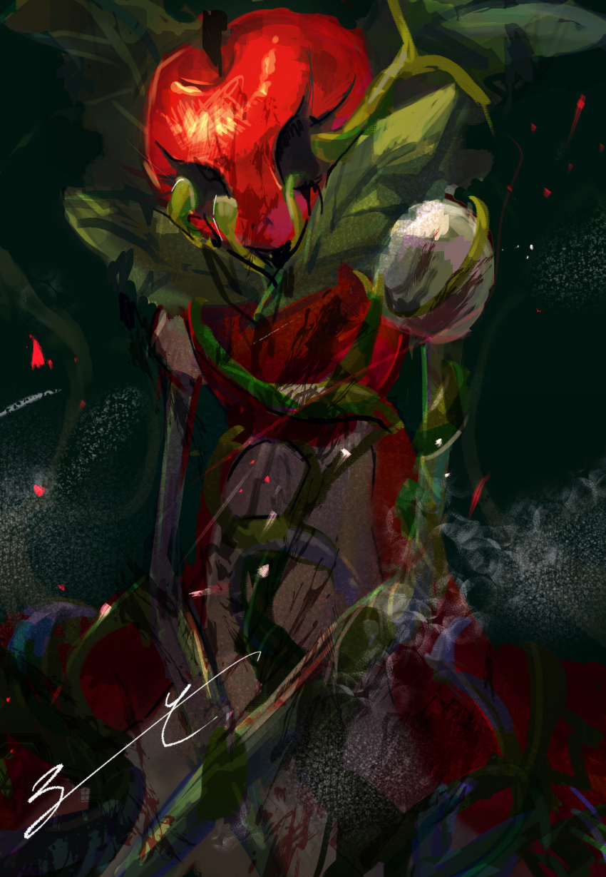aoruuto apple blood cape dress english_commentary food fruit highres leaf lobotomy_corporation mixed-language_commentary monster no_humans object_head plant project_moon red_cape signature snow_white's_apple vines white_dress