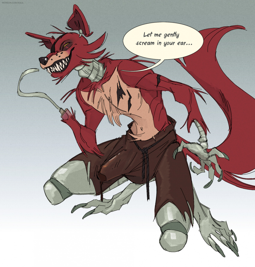 anthro baggy_clothing bottomwear bulge canid canine clothing dialogue eye_patch eyewear fangs five_nights_at_freddy's fox foxy_(fnaf) fur hi_res ksejl looking_at_viewer machine male mammal metal pirate red_body red_fur robot scottgames shirtless shorts smile solo talking_to_viewer teeth toothy_grin yellow_eyes