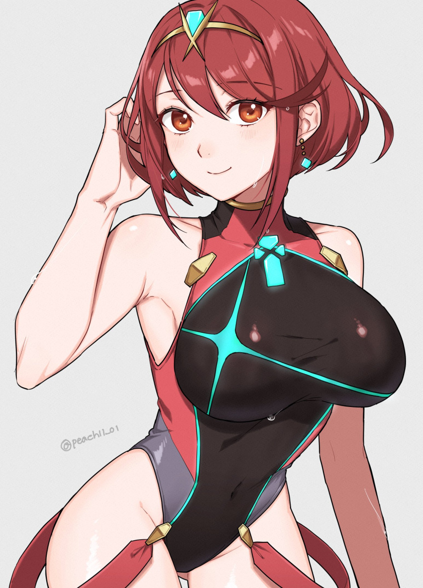 1girl bare_shoulders black_one-piece_swimsuit breasts chest_jewel competition_swimsuit covered_collarbone dangle_earrings earrings gem headpiece highres jewelry large_breasts looking_at_viewer one-piece_swimsuit peach11_01 pyra_(pro_swimmer)_(xenoblade) pyra_(xenoblade) red_eyes red_hair red_one-piece_swimsuit ribbed_swimsuit short_hair simple_background solo striped striped_one-piece_swimsuit swept_bangs swimsuit tiara twitter_username two-tone_swimsuit vertical-striped_one-piece_swimsuit vertical_stripes xenoblade_chronicles_(series) xenoblade_chronicles_2