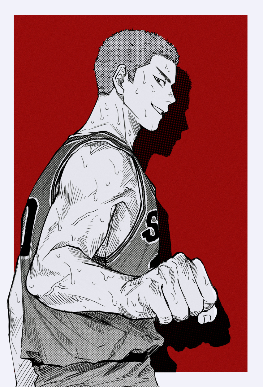 1boy basketball_jersey basketball_uniform beckoning bishounen black_eyes buzz_cut drop_shadow fist_bump highres looking_at_viewer male_focus monochrome og_man open_mouth profile red_background red_hair sakuragi_hanamichi short_hair slam_dunk_(series) smile solo sportswear spot_color sweat tank_top toned toned_male very_short_hair very_sweaty