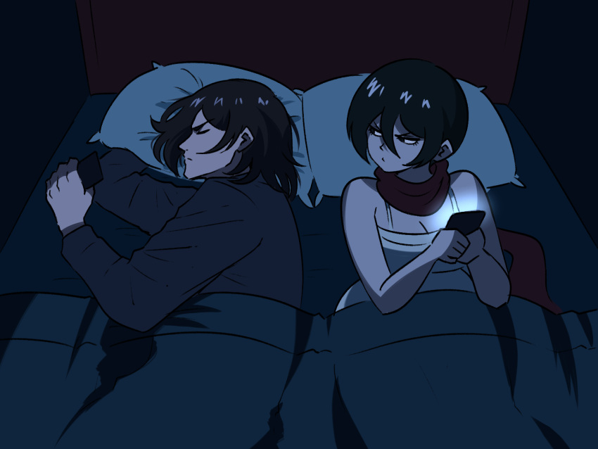 1boy 1girl bed black_hair breasts cellphone eren_yeager highres lying mikasa_ackerman on_side phone pillow red_scarf scarf shingeki_no_kyojin sleeping smartphone tina_fate