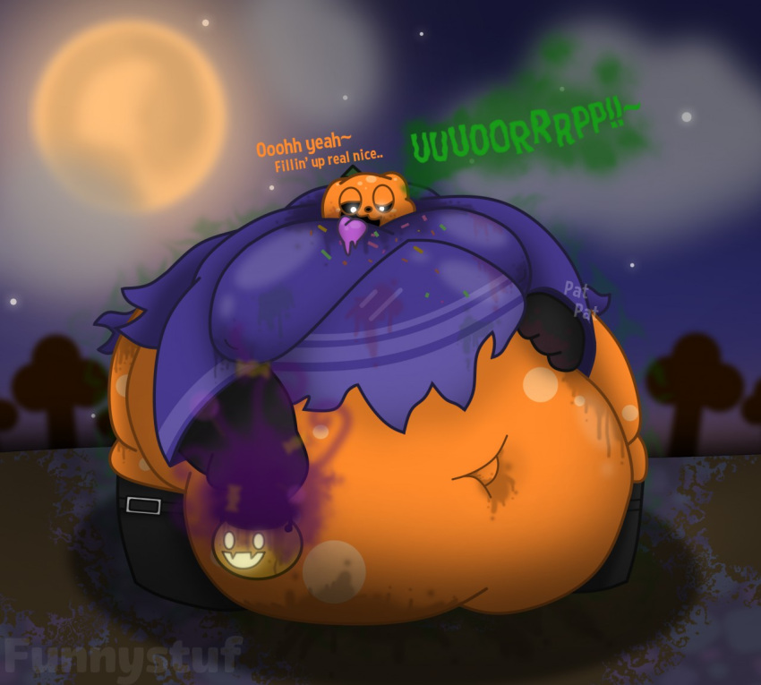 2018 animal_crossing belly belly_expansion big_belly boots burping candy clothing concrete_floor dark dessert english_text expansion food footwear fruit gluttonousguzzlord green_text groaning growing growth halloween holidays jack_(animal_crossing) moobs nintendo onomatopoeia orange_text overweight plant pumpkin sequence slob sound_effects text watermark weight_gain