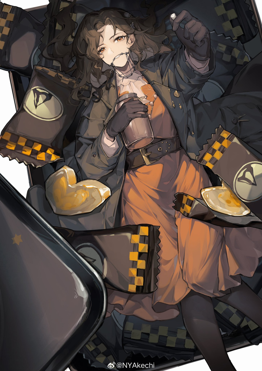 akechi_(826988799) belt belt_buckle black_gloves black_pantyhose braces brown_coat brown_hair buckle candy candy_wrapper coat commentary dress english_commentary feet_out_of_frame food from_above gloves heart-shaped_food highres holding holding_jar in_container jar long_hair long_sleeves looking_at_viewer lying on_back orange_dress orange_eyes oversized_food oversized_object pantyhose parted_lips reaching reaching_towards_viewer reverse:1999 tooth_fairy_(reverse:1999) weibo_username