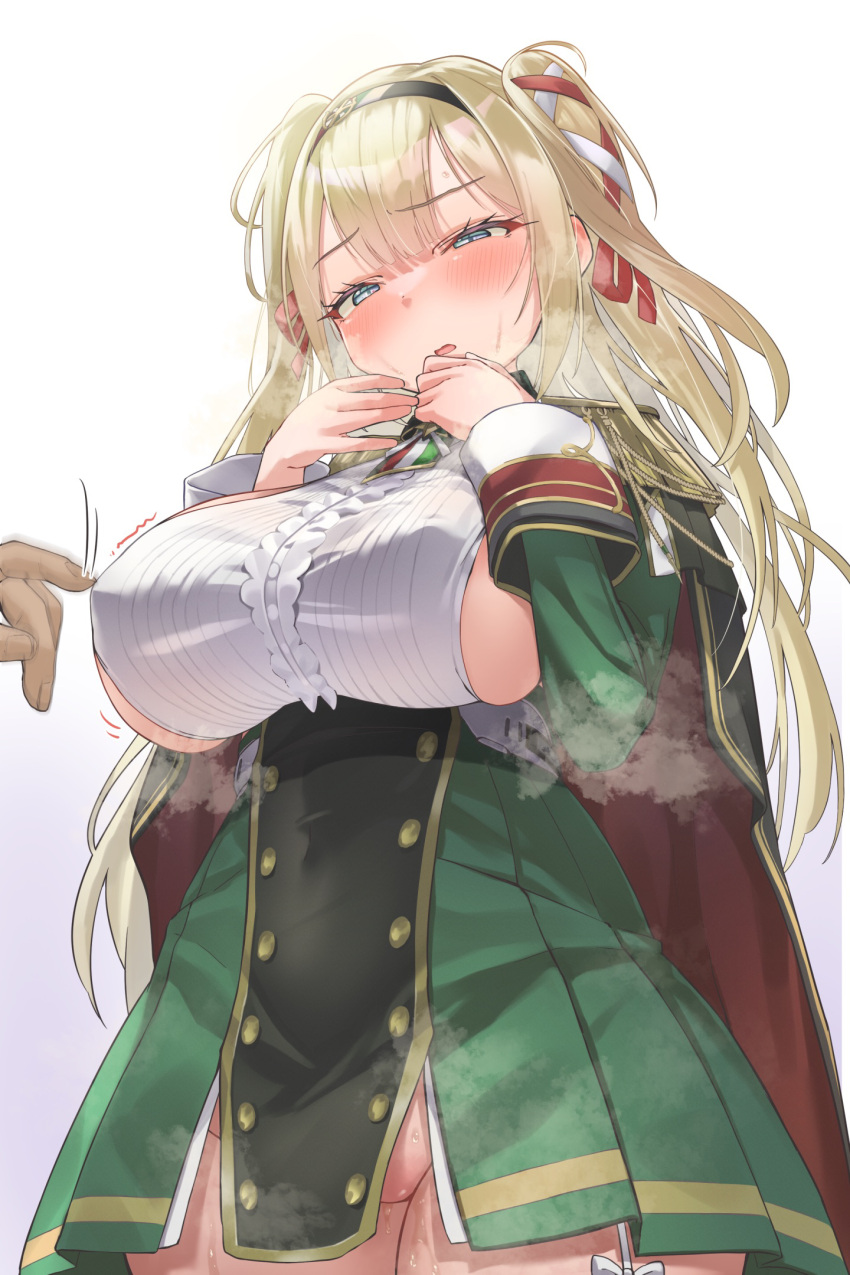 1girl aiguillette azur_lane black_cape blonde_hair blue_eyes blush breasts cape center_frills commentary_request covered_navel covered_nipples dress epaulettes frills garter_straps gorizia_(azur_lane) green_dress groin hair_between_eyes hair_ribbon hairband hands_up highres large_breasts long_hair long_sleeves many_ankles nipple_tweak no_panties parted_lips red_cape ribbon shirt sideboob sidelocks simple_background solo_focus standing steaming_body sweat two-sided_cape two-sided_fabric two_side_up white_background white_shirt