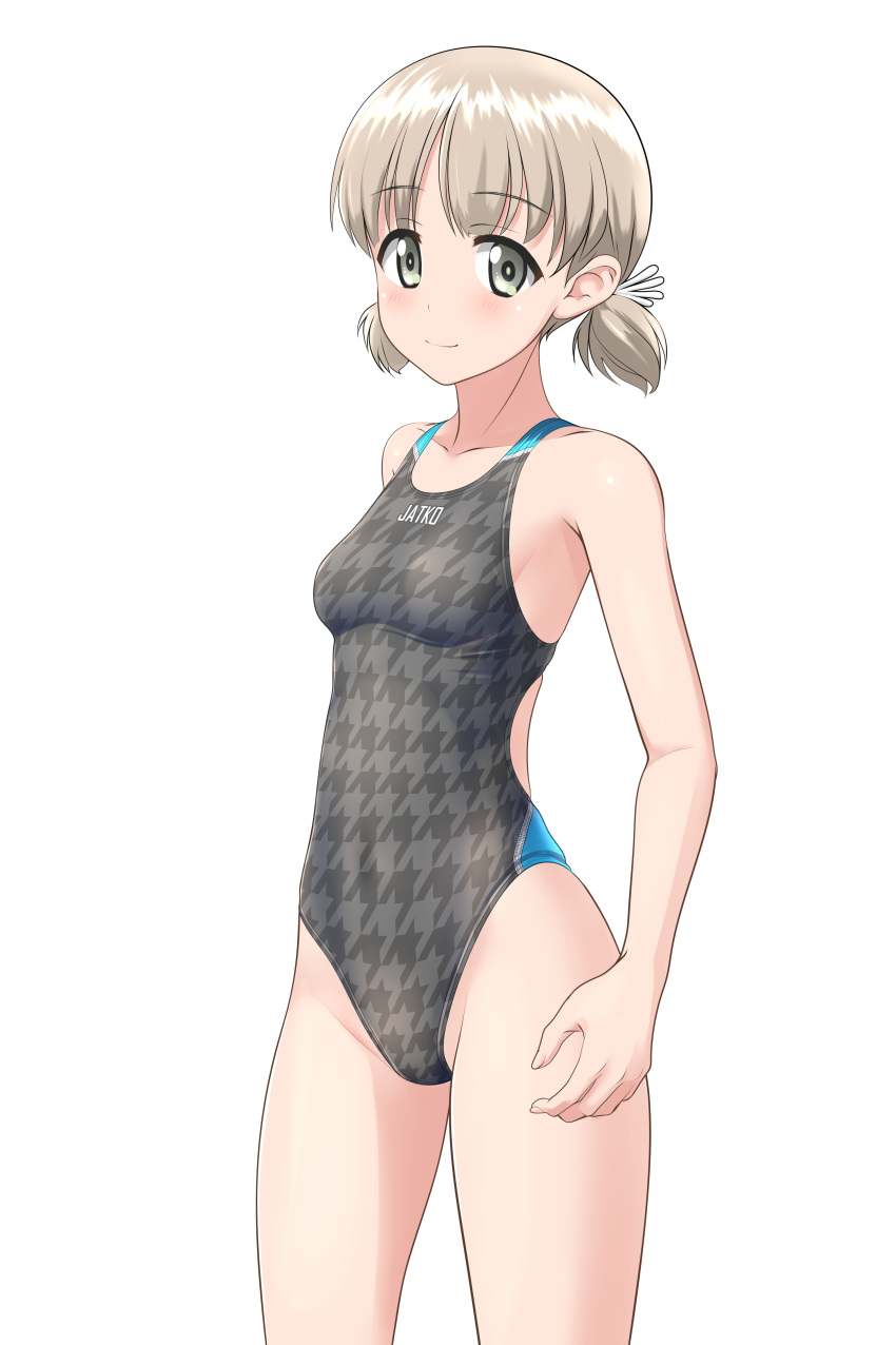 1girl absurdres aki_(girls_und_panzer) blush breasts collarbone commentary_request competition_swimsuit cowboy_shot girls_und_panzer green_eyes grey_one-piece_swimsuit groin highres houndstooth light_brown_hair looking_at_viewer low_twintails one-piece_swimsuit short_hair short_twintails simple_background small_breasts smile solo standing swimsuit takafumi thighs twintails two-tone_swimsuit variant_set white_background