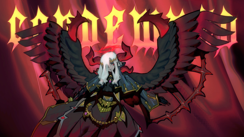 1girl black_feathers colored_skin condemned_darklord danboii dress duel_monster english_text fallen_angel feathered_wings feathers gradient_dress grey_skin hair_over_one_eye halo highres horns long_hair long_sleeves red_halo smile solo spread_wings white_hair wings yu-gi-oh!