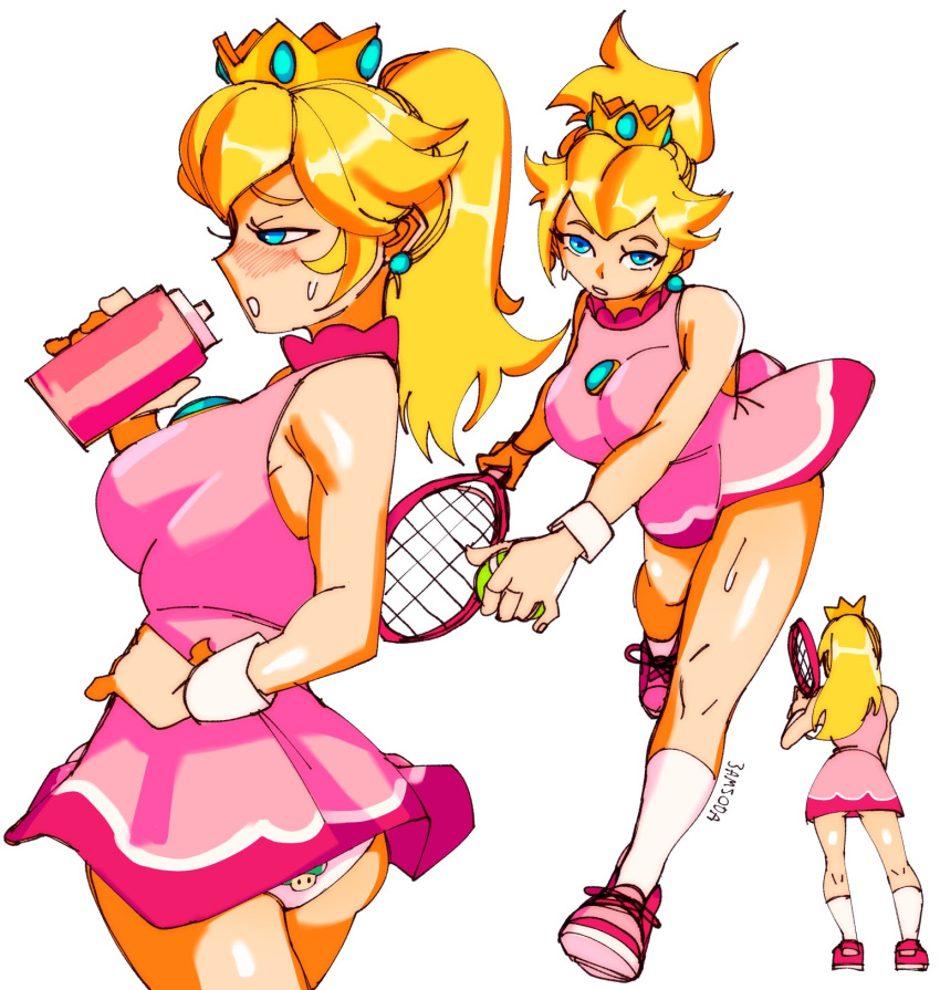 1girl 3amsoda ass ball blonde_hair bottle breasts crown drink earrings highres holding holding_bottle jewelry large_breasts long_hair mario_(series) mario_tennis multiple_views pink_footwear ponytail princess_peach racket simple_background socks solo sweat tennis tennis_ball tennis_racket underwear water water_bottle white_background white_socks