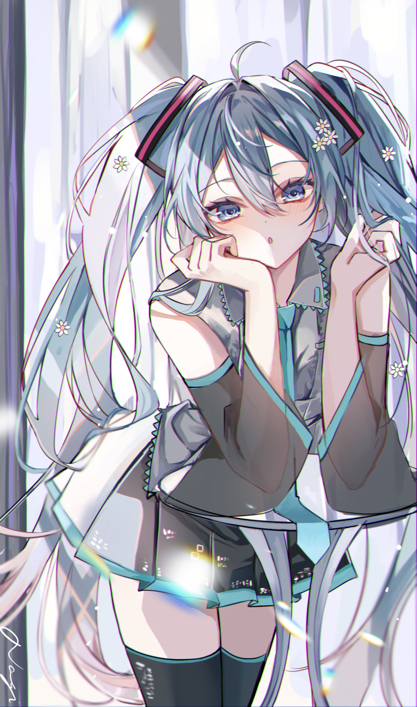 1girl :o absurdres ahoge aqua_hair aqua_necktie arm_support bare_shoulders black_thighhighs blue_eyes commentary cowboy_shot detached_sleeves flower grey_shirt hair_between_eyes hair_flower hair_ornament hatsune_miku highres leaning_on_object long_hair looking_at_viewer miku_day nagihaha necktie open_mouth pleated_skirt shirt signature skirt sleeveless sleeveless_shirt solo standing table thighhighs twintails very_long_hair vocaloid wide_sleeves zettai_ryouiki