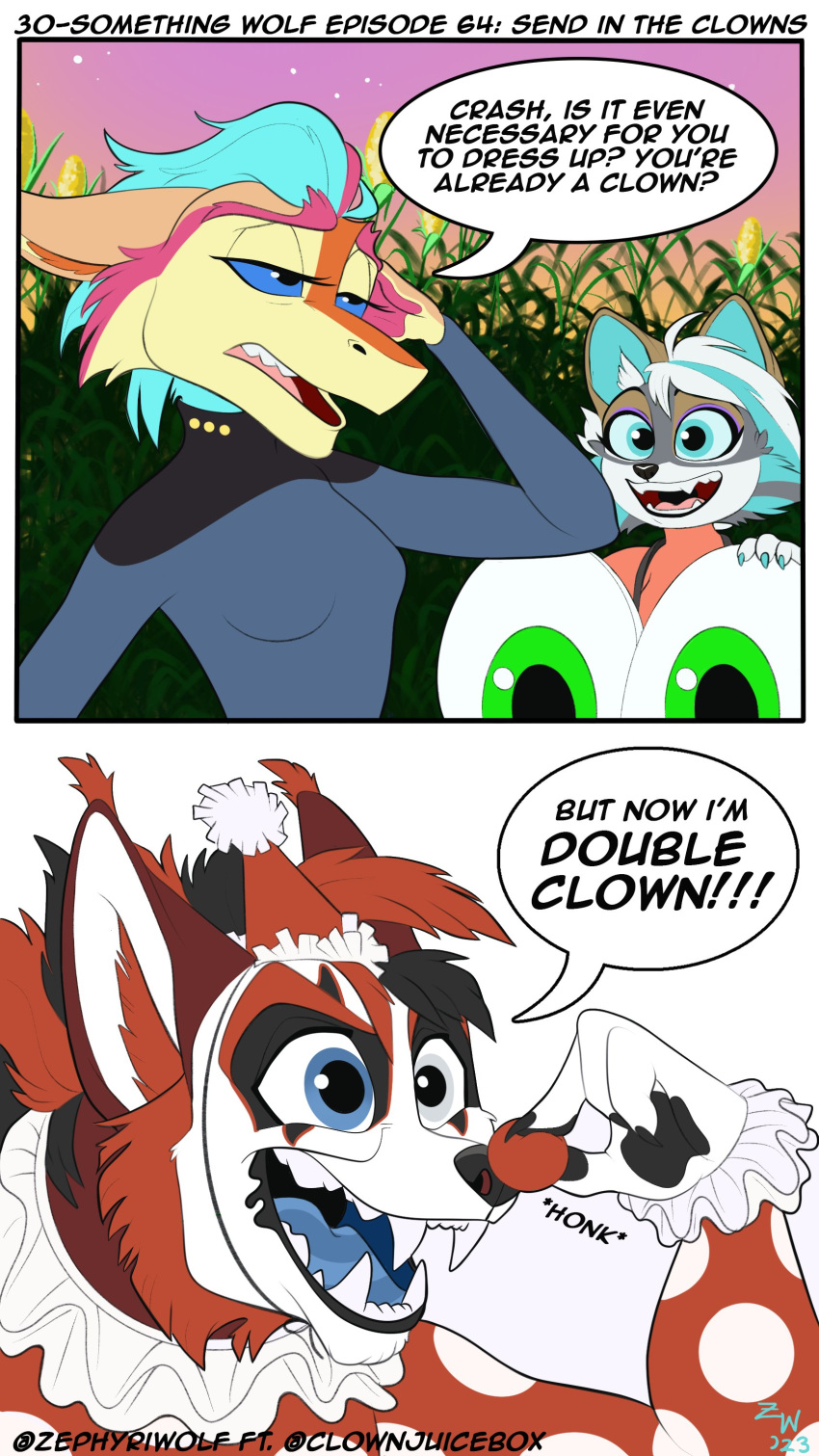 2_panel_comic absurd_res anthro black_hair blue_hair blue_sclera brown_body brown_fur canid canine canis charlie_sergal cheek_tuft clothing clown clown_costume clown_makeup clown_nose clown_paint dialogue ear_tuft ears_down english_text facial_tuft fangs female fur green_body green_fur green_highlights grey_body grey_fur grey_pawpads group hair half-closed_eyes halloween halloween_costume hat headgear headwear heterochromia hi_res highlights_(coloring) holidays humor hyena male mammal multicolored_hair narrowed_eyes open_mouth open_smile orange_hair party_hat pawpads paws pink_body pink_fur pink_highlights pivoted_ears sergal simple_background smile sound_effects speech_bubble spotted_hyena tan_body tan_fur teeth text trio tuft two_tone_hair white_background white_hair wolf zephyri_q_wolf zephyriwolf