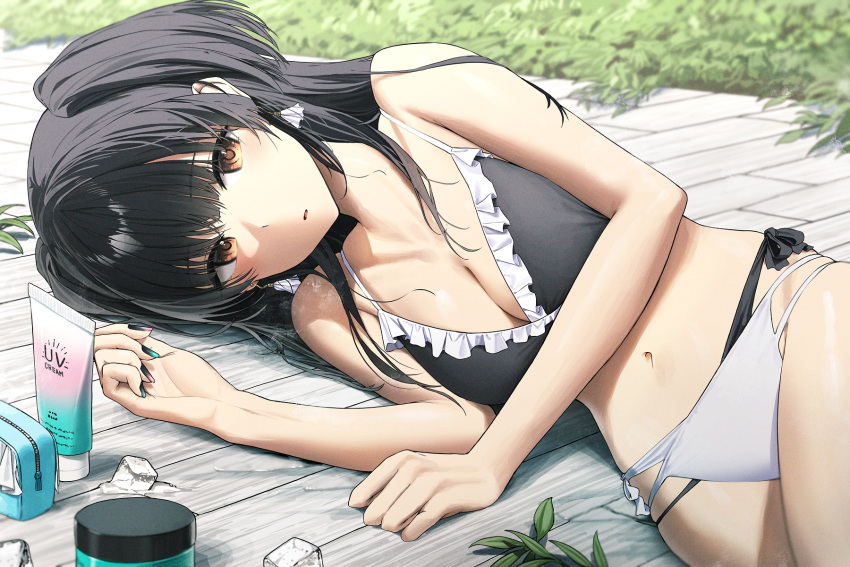 1girl bare_shoulders bikini black_hair blunt_bangs breasts brown_eyes cleavage clenched_hands collarbone cosmetics earrings frilled_bikini frills grass highres ice ice_cube idolmaster idolmaster_shiny_colors jewelry long_hair looking_at_viewer lying mayuzumi_fuyuko medium_breasts melting multicolored_nails navel noeru on_side parted_lips pouch solo swimsuit two-tone_bikini two_side_up water