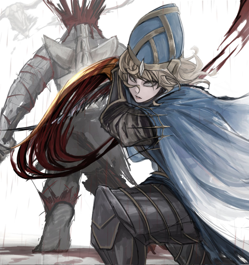 1girl 1other armor blonde_hair blood blue_cape blue_headwear cape capra_demon creature dark_souls_(series) dark_souls_i from_side guro helmet highres holding holding_sword holding_weapon long_hair long_sleeves looking_at_viewer lord's_blade_ciaran mask on_one_knee satsu-strive shiny_clothes simple_background solo_focus sword weapon white_background