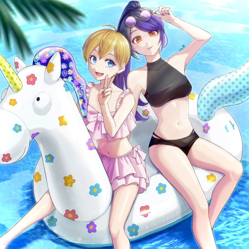 2girls bikini black_bikini blonde_hair blue_eyes character_request closed_mouth eyewear_on_head glasses hair_between_eyes highres hm89509321 innertube long_hair midriff miraculous_ladybug multiple_girls navel open_mouth orange_eyes pink_bikini pink_nails ponytail purple_hair purple_nails short_hair stomach swimsuit unicorn v