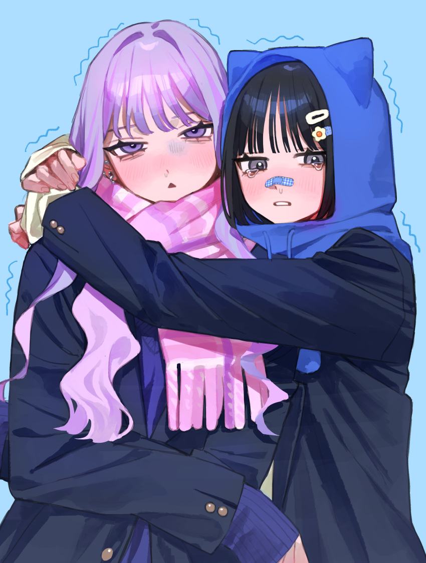 2girls absurdres animal_ears animal_hood bandaid bandaid_on_face bandaid_on_nose black_hair blue_background blue_sweater blunt_bangs blush buttoned_cuffs cat_ears clenched_teeth cold drawstring flower grey_eyes grey_jacket hair_flower hair_intakes hair_ornament hairclip highres hood hood_up hug jacket long_hair long_sleeves looking_at_viewer multiple_girls original pink_scarf purple_eyes purple_hair scarf simple_background standing sweater tears teeth temu_(tem27) trembling upper_body winter_clothes