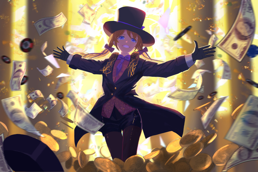 1girl absurdres banknote black_gloves black_headwear blue_eyes coin gloves gold_coin hat highres long_hair looking_at_viewer low_twintails money original pants phantom_thief poker_chip smile solo standing suit thighhighs twintails uroam