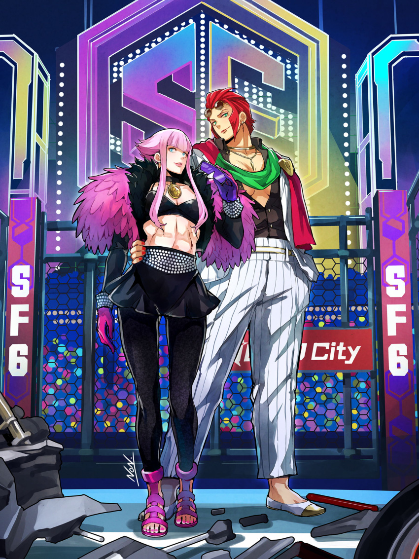 2girls abs absurdres arm_around_waist black_bra black_choker black_leggings black_shirt black_skirt blue_eyes bra breasts choker commentary_request crowd earrings eyewear_on_head feather_boa flats full_body gloves green_eyes hair_slicked_back hand_in_pocket highres italian_flag_print jewelry kujou_non leggings lipstick long_sleeves makeup manon_legrand marisa_(street_fighter) medallion medium_breasts midriff mole mole_under_eye multiple_girls nail_polish necklace no_bra octagon official_alternate_costume pants partially_unbuttoned pink_footwear pink_gloves pink_hair pink_lips pink_nails pinstripe_pants pinstripe_pattern plunging_neckline purple-tinted_eyewear red_hair red_lips red_nails removing_sunglasses scarf shirt shooting_glasses short_hair short_hair_with_long_locks skirt standing street_fighter street_fighter_6 striped stud_earrings suit sunglasses tall_female tinted_eyewear toeless_footwear toenail_polish toenails underwear white_footwear white_pants white_suit yellow-framed_eyewear yuri