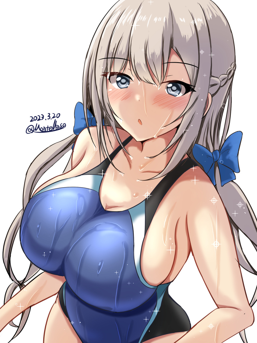 1girl black_one-piece_swimsuit blue_bow blue_eyes blue_one-piece_swimsuit bow braid breasts collarbone competition_swimsuit covered_navel dated highleg highleg_swimsuit highres impossible_clothes impossible_swimsuit kantai_collection large_breasts light_brown_hair long_hair low_twintails maryland_(kancolle) montemasa multicolored_clothes multicolored_swimsuit one-piece_swimsuit rei_no_pool side_braids simple_background solo swimsuit twintails twitter_username two-tone_swimsuit upper_body wet wet_clothes wet_swimsuit white_background
