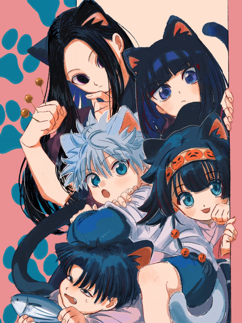 5boys :d :o alluka_zoldyck androgynous animal animal_ears aqua_eyes arms_on_head between_fingers black_hair blue_eyes blue_shorts blunt_bangs breasts brothers cat_boy cat_day cat_ears cat_tail crossed_arms curious fang fat fish frown grey_hair hair_over_one_eye hairband hands_up highres holding holding_animal holding_fish holding_weapon hunter_x_hunter illumi_zoldyck kalluto_zoldyck killua_zoldyck layered_sleeves long_hair long_sleeves looking_at_viewer milluki_zoldyck multiple_boys open_mouth otoko_no_ko parted_bangs paw_print peeking_out short_hair short_over_long_sleeves short_sleeves shorts siblings sitting sitting_on_person smile smiley_face tail thicopoyo weapon