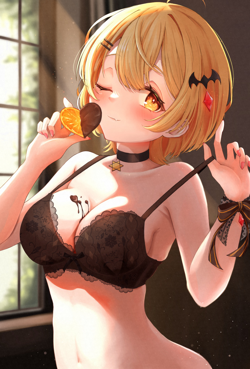 1girl ;) absurdres arched_back bat_hair_ornament black_bra black_choker blonde_hair bra breasts chocolate chocolate_on_body chocolate_on_breasts choker cleavage commentary_request curvy double-parted_bangs fang fang_out food food_on_body fruit hair_ornament hairclip hexagram highres hololive indoors lace lace_bra looking_at_viewer medium_breasts navel one_eye_closed orange_(fruit) orange_slice ribbon shirai_soushichi short_hair skin_fang smile solo stomach swept_bangs underwear underwear_only undressing virtual_youtuber window wrist_ribbon yellow_eyes yozora_mel