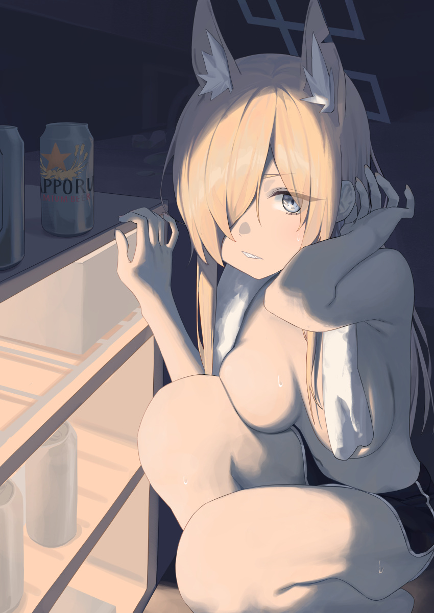1girl absurdres animal_ear_fluff animal_ears asymmetrical_bangs beer_can black_shorts blonde_hair blue_archive breasts can convenient_censoring dolphin_shorts fox_ears hair_over_one_eye halo highres indoors kanna_(blue_archive) large_breasts long_bangs looking_at_viewer navel one_eye_covered refrigerator short_shorts shorts solo squatting sweatdrop syhan topless towel towel_around_neck white_towel