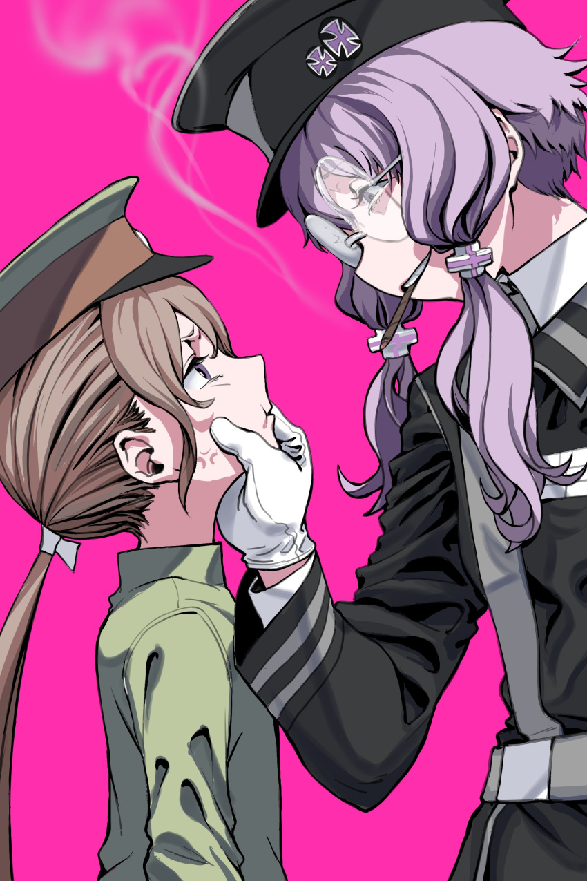 2girls absurdres alternate_costume anger_vein angry belt black_jacket brown_eyes brown_hair cheek_squash cigar collared_shirt commentary cross from_side glaring glasses gloves green_jacket grey_belt grin hair_ribbon half-closed_eyes hat height_difference high_collar highres iron_cross jacket light_purple_hair long_sleeves looking_at_another looking_down looking_up low_ponytail military_hat military_uniform mouth_hold multiple_girls pink_background profile purple_eyes ribbon round_eyewear shirt short_hair_with_long_locks simple_background smile smirk smoke_trail smoking smug tmasyumaro tsukuyomi_ai uniform upper_body v-shaped_eyebrows vocaloid voiceroid white_gloves white_ribbon white_shirt yuzuki_yukari