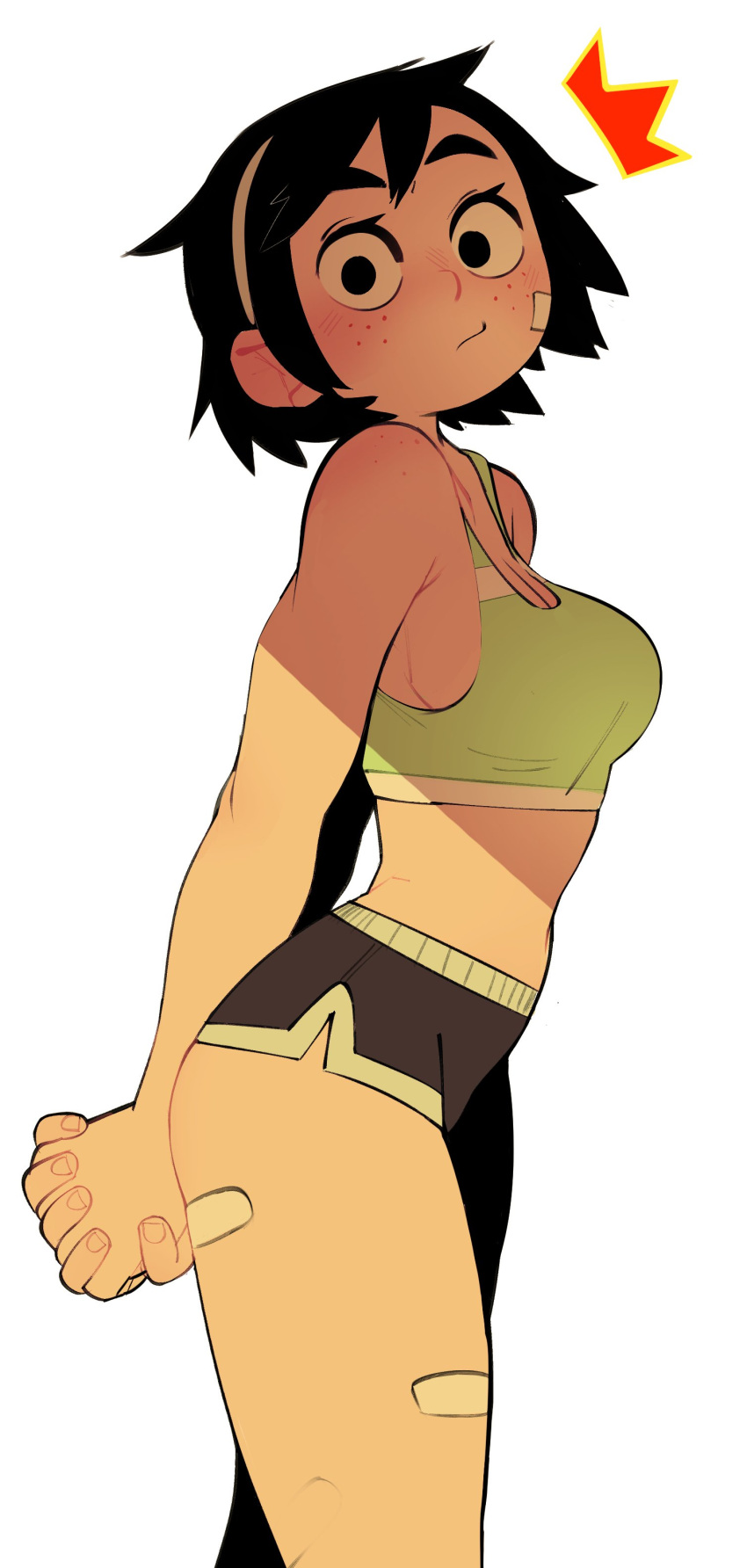 1girl absurdres arms_behind_back bandaid black_eyes black_hair black_shorts blush breasts freckles hairband highres looking_at_viewer medium_breasts negsus original shadow short_hair shorts solo sports_bra surprised turning_head vanilla_(boonsky) white_background