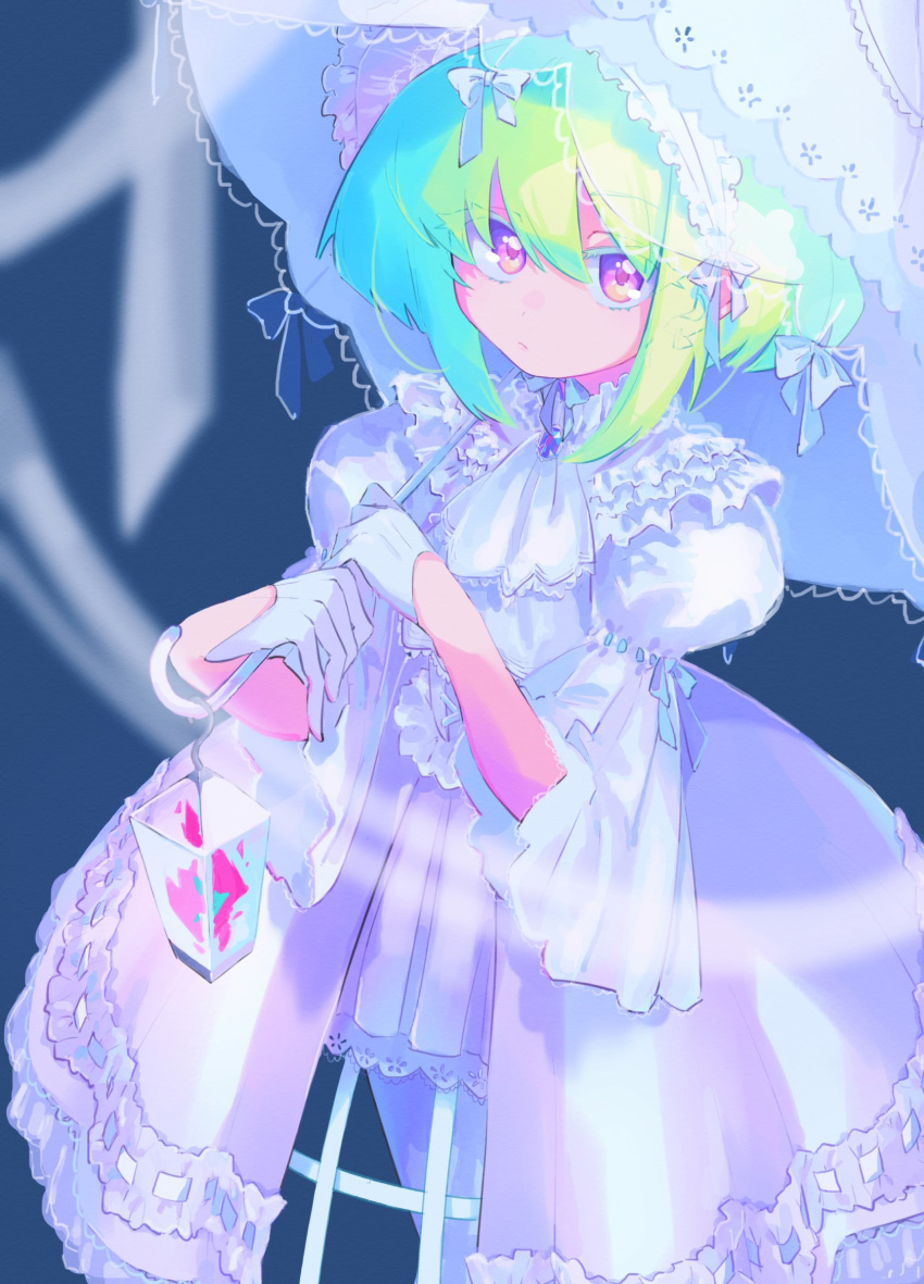 1boy ascot blue_background blue_gemstone colored_eyelashes crossdressing dress fire frilled_dress frilled_sleeves frills gem gloves green_hair half_gloves highres holding holding_umbrella juliet_sleeves lace_trim lantern lio_fotia lolita_fashion long_sleeves looking_at_viewer male_focus otoko_no_ko parasol pink_fire promare puffy_sleeves purple_eyes ribbon short_hair sidelocks simple_background solo umbrella white_ascot white_dress white_gloves white_ribbon white_umbrella yzyz630